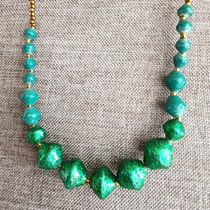 Teng Yue Emerald Green Glitter Paper Bead and Gold Bead Long Statement Necklace